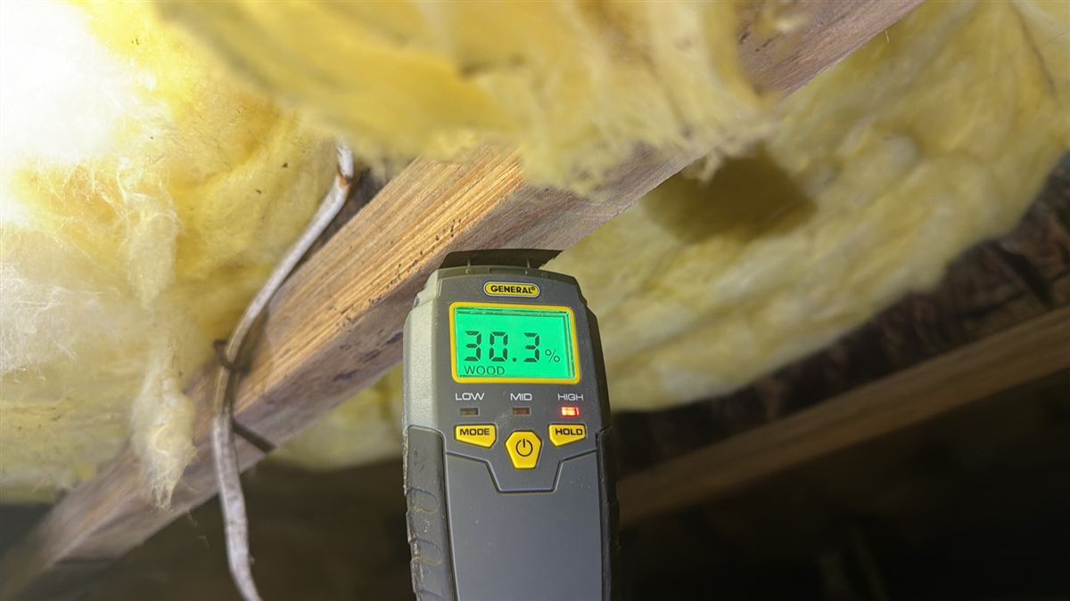 A moisture meter reading 30.3 percent on a crawl space floor joist, with the HIGH light on